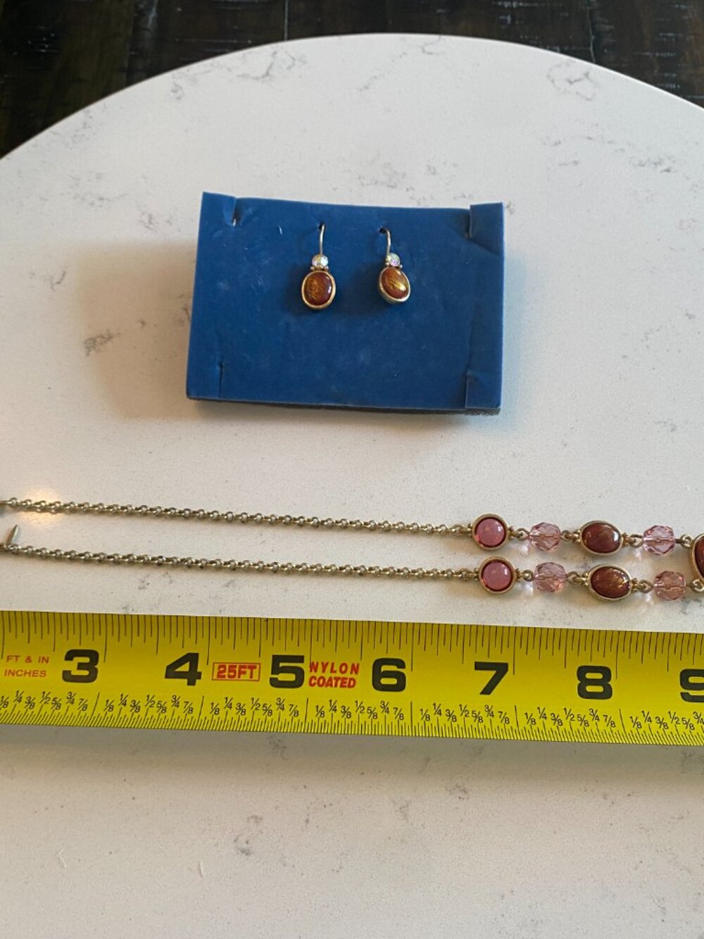 Avon Gold Tone Necklace Earrings Set Amber Cabochon Pink Crystal Beads NIB - Picture 3 of 4